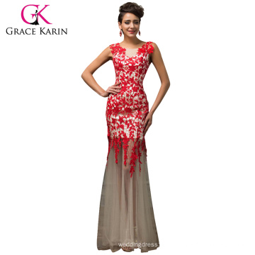 Grace Karin Vente en gros sans manches en dentelle Red Mermaid Prom Dress CL007588-2